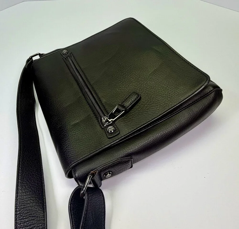 ALDO Men’s Black Pebble Grain Leather Messenger Crossbody Bag with Flap